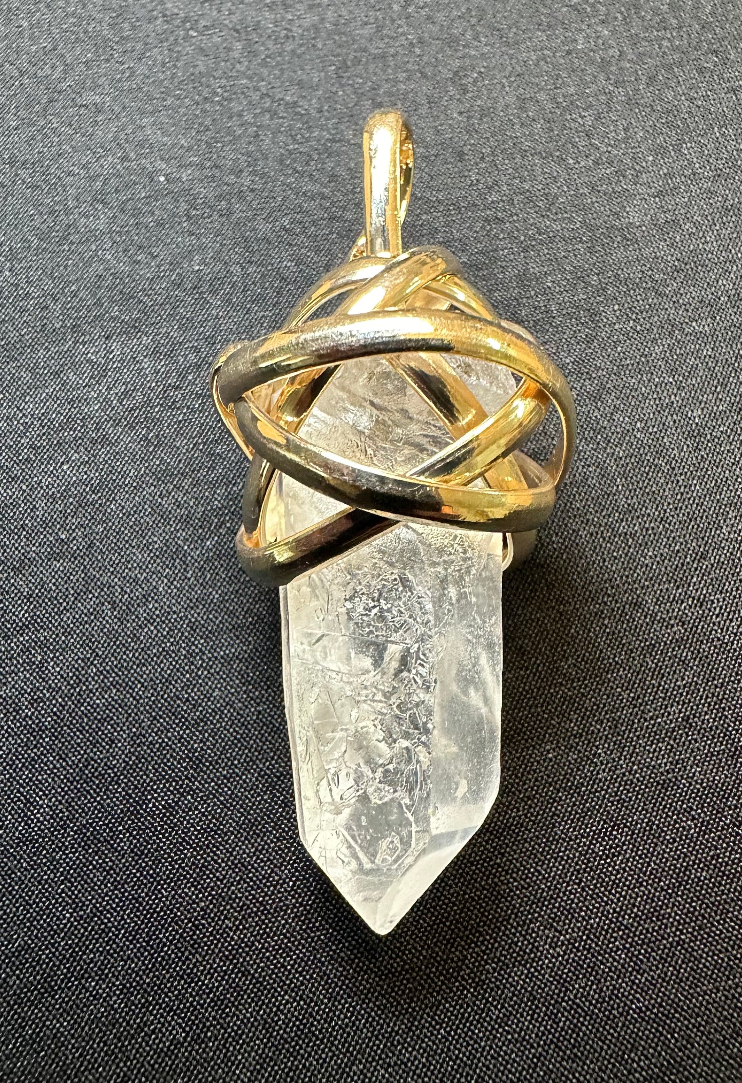 Clear Quartz gold wrapped pendant with 18" gold chain
